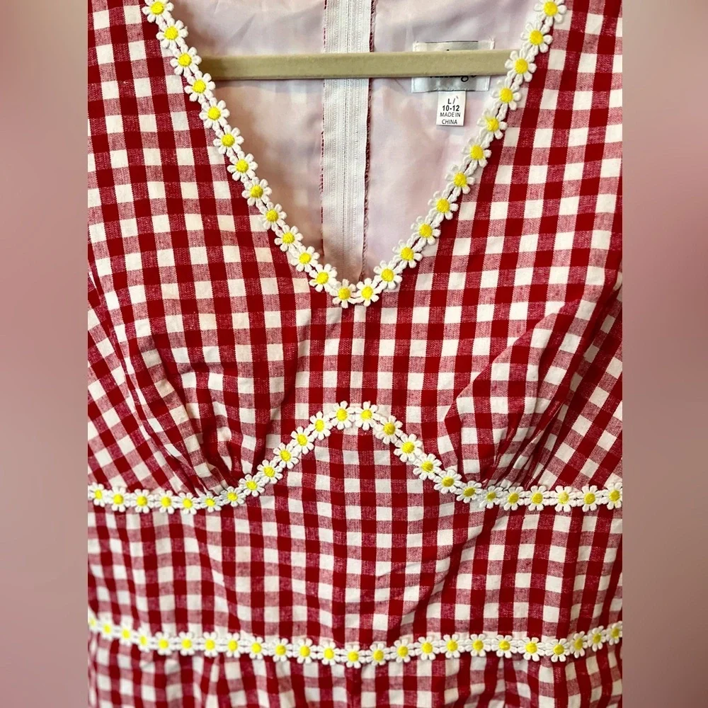 Romper Unique Vintage Shorts Red White Gingham Check Daisy Trim Size L10-12 - Picture 4 of 7